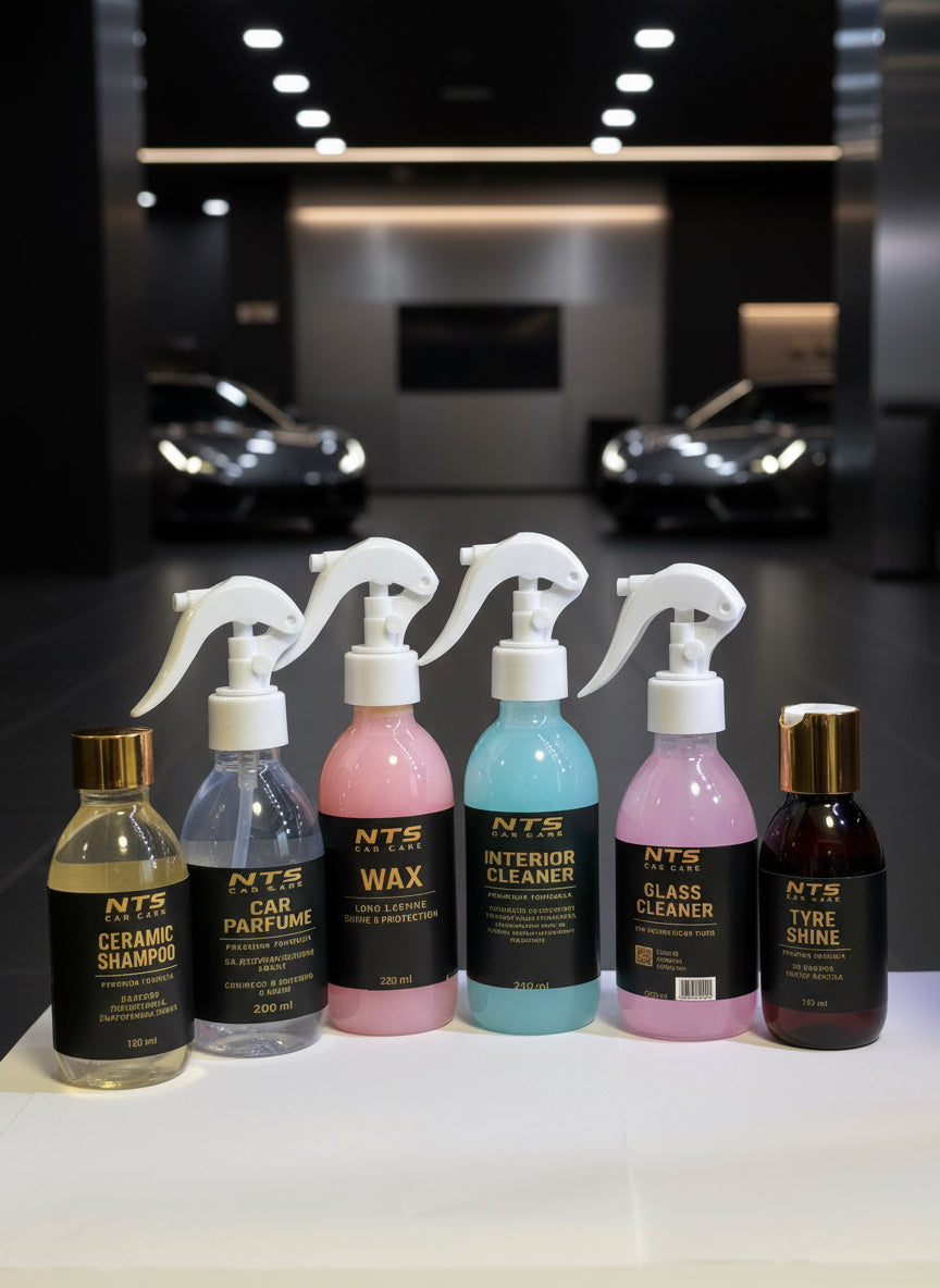 NTS Complete Shine Pack car care kit with six detailing products including ceramic shampoo, wax, tyre shine, and interior cleaners for full vehicle maintenance.