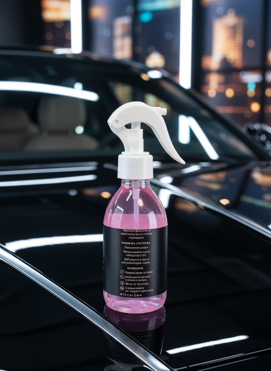 Препарат за прозорци NTS Car Care – Glass Cleaner (200 ml) върху капака на лъскав автомобил, подходящ за почистване на стъкла и огледала без следи.