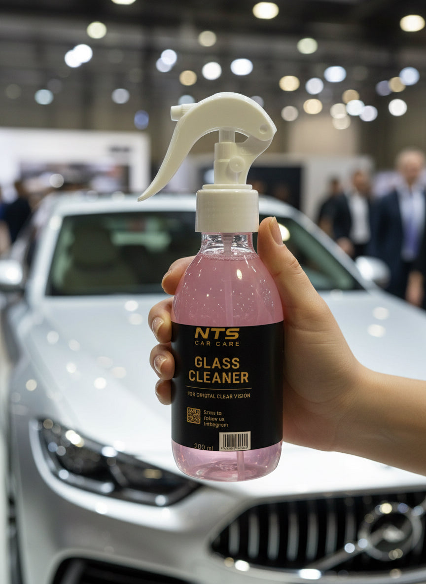 Препарат за прозорци NTS Car Care – Glass Cleaner (200 ml) с розова течност и спрей-дюза, подходящ за почистване на автомобилни стъкла без следи.