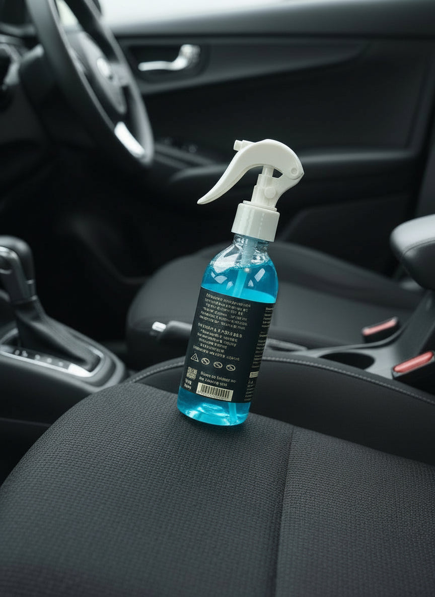 Препарат за табло – INTERIOR CLEANER върху автомобилна седалка, подходящ за почистване на интериора и таблото. Идеален за премахване на прах и замърсявания.