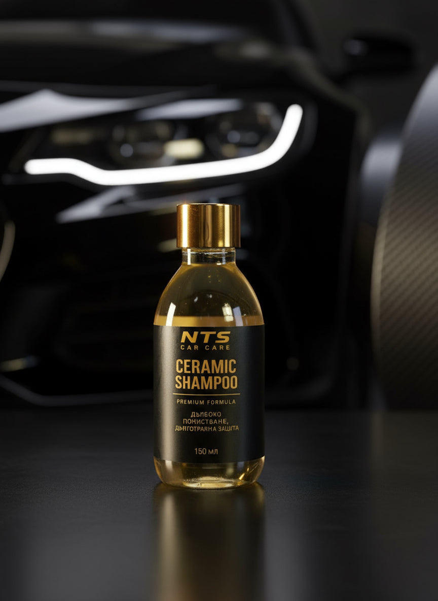 Шампоан за автомобили – Car Shampoo NTS Ceramic Shampoo 150 мл с керамична формула за дълготрайна защита и блясък, пред луксозен автомобил.