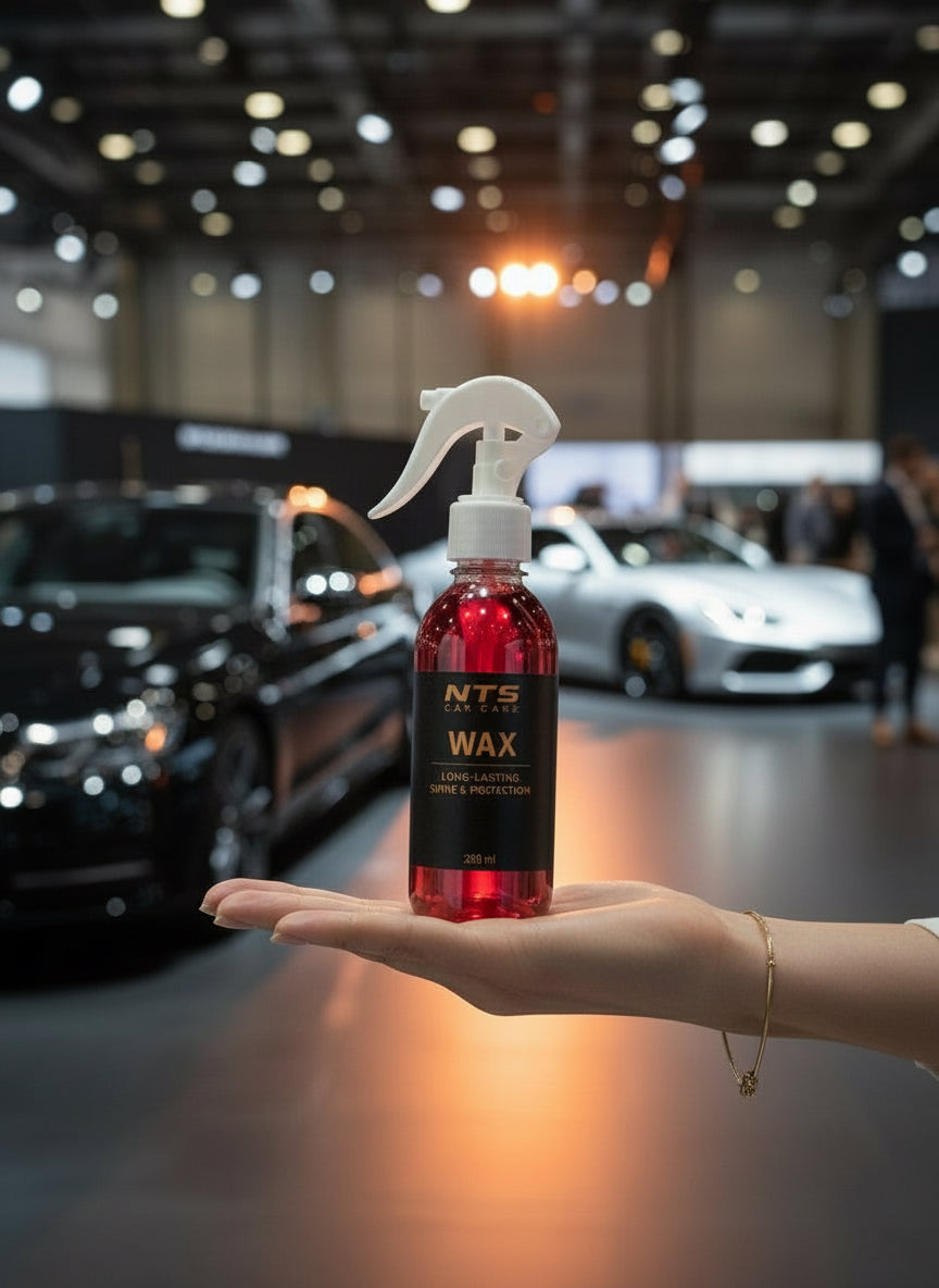 Вакса за след измиване – Car Wax в розова бутилка с пулверизатор, 250 мл, пред луксозен черен автомобил. Осигурява дълготраен блясък и защита.