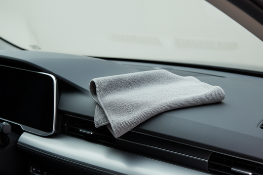 Микрофибърна кърпа NTScar Premium 40x40 см (сива) върху таблото на автомобил, подходяща за почистване и полиране на интериорни повърхности.